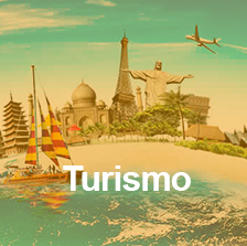 Paisaje turístico con monumentos icónicos, mar y un avión volando.