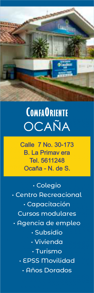 Banner vertical de ComfaOriente Ocaña con foto del edificio, dirección y teléfono y lista de servicios recreativos
