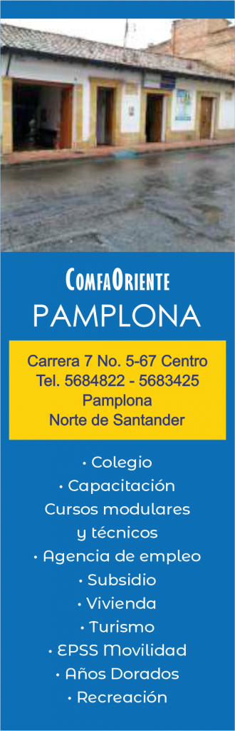 Banner vertical de ComfaOriente Pamplona: foto de fachada, dirección y teléfonos, y lista de servicios sociales y educativos.