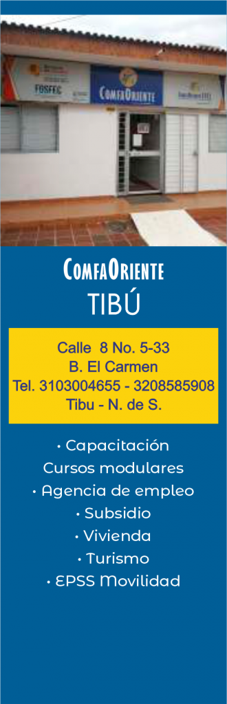Cartel de ComfaOriente Tibú con foto del local, dirección, teléfonos y servicios: capacitación, empleo, vivienda y turismo.
