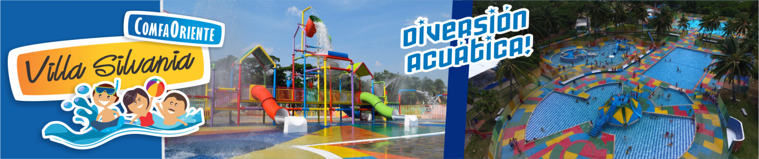 Parque acuático con juegos infantiles coloridos y toboganes, múltiples piscinas y palmeras, vista aérea.