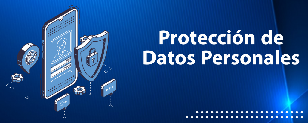 Teléfono con escudo y candado, huella dactilar y burbujas de contraseña, junto al texto Protección de Datos Personales.