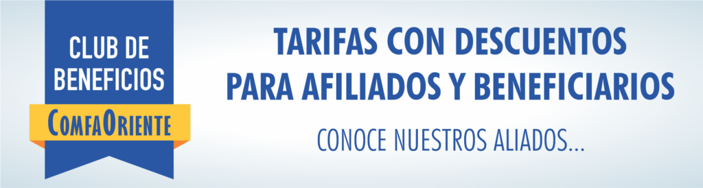 Banner de ComfaOriente con cinta azul y amarilla que anuncia tarifas con descuentos para afiliados y beneficiarios.