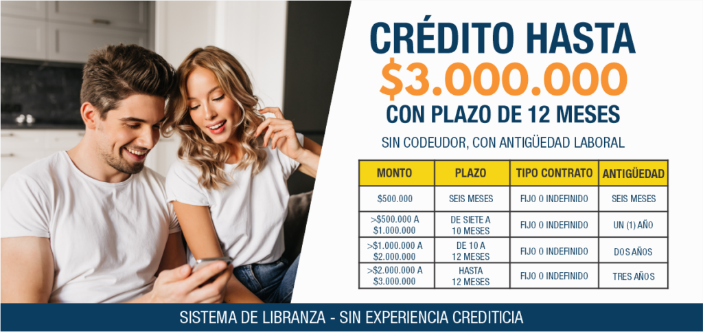 Pareja mirando teléfono; anuncio: crédito hasta $3.000.000 a 12 meses con tabla de requisitos