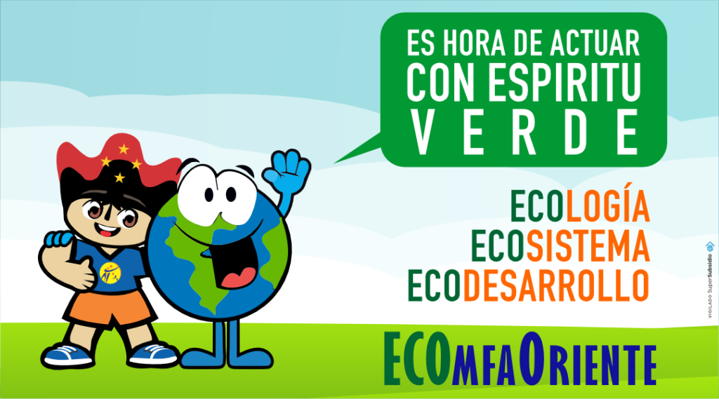 Niña con gorro de superhéroe junto a una Tierra caricatura que saluda; burbuja verde: Es hora de actuar con espíritu verde.