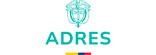 Logotipo de ADRES en turquesa con emblema circular arriba y banda tricolor (amarillo, azul y rojo) abajo.