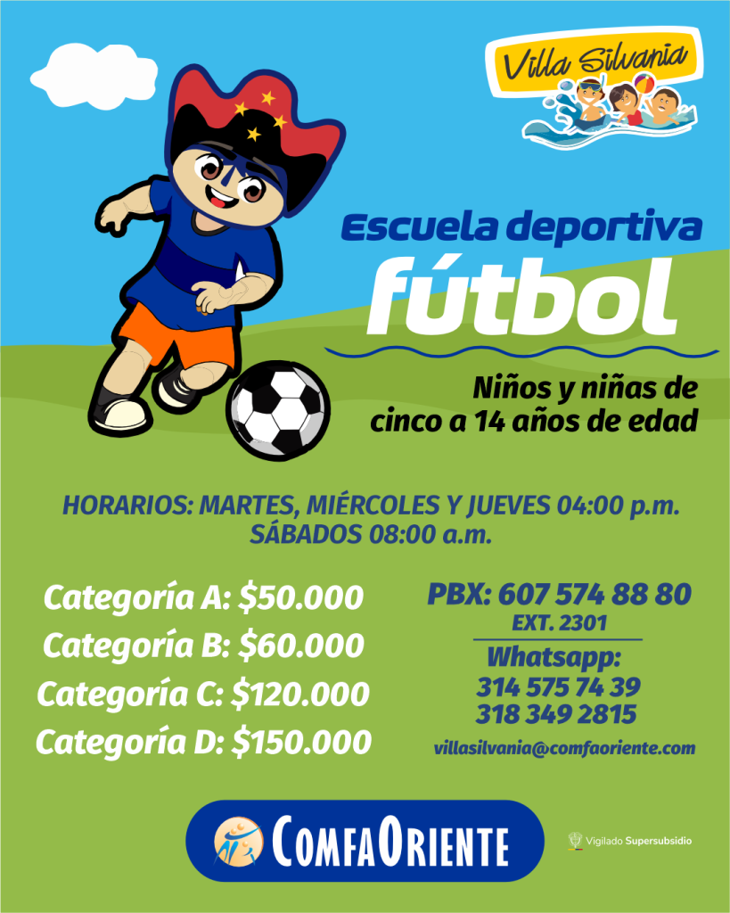 Afiche colorido de escuela deportiva de fútbol con niño caricatura pateando un balón y detalles de edades (5–14), horarios, tarifas y contacto.
