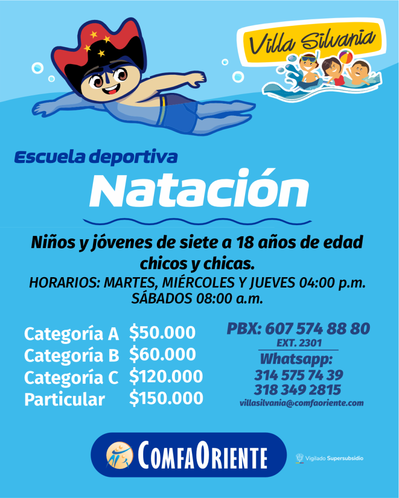 Póster azul que anuncia escuela deportiva de natación para niños y jóvenes de 7 a 18 años, con horarios, tarifas, contactos e ilustración de un niño nadando y logos.