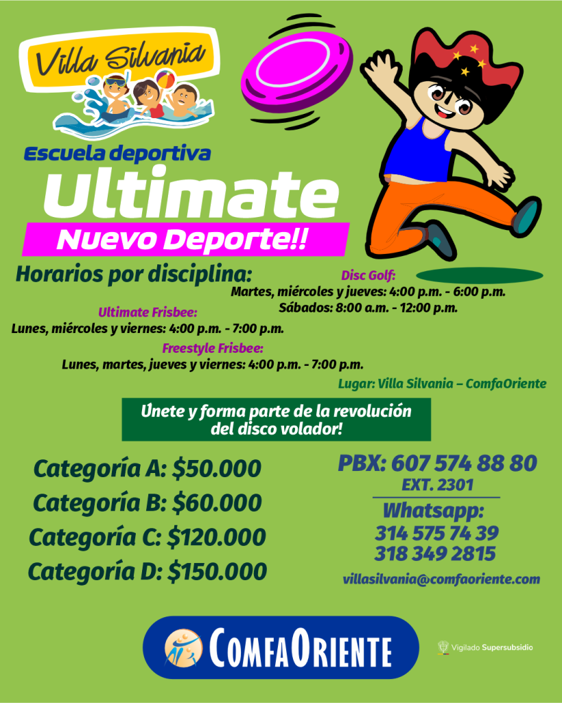 Folleto de Villa Silvania que anuncia la escuela deportiva Ultimate con niño caricatura lanzando disco y horarios/tarifas