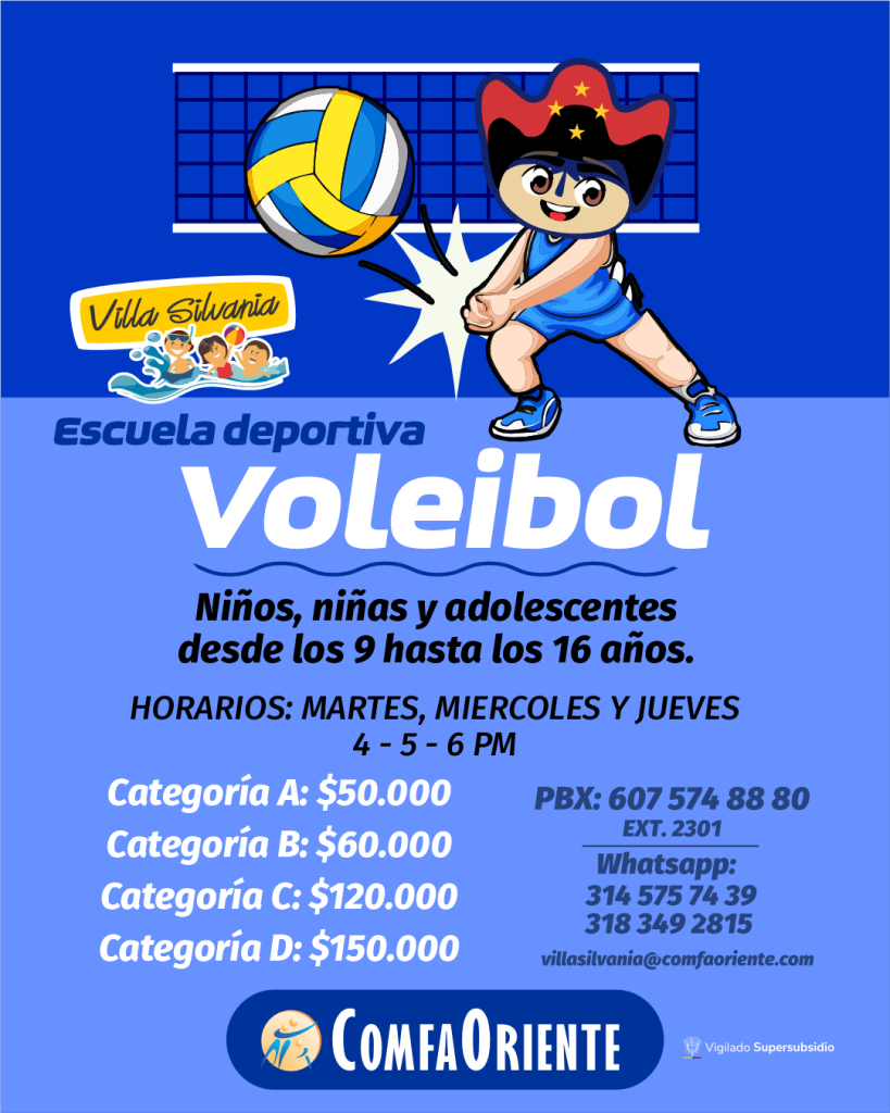 Cartel azul anunciando escuela de voleibol para niños 9–16 años, dibujo de niño recibiendo balón, horarios, tarifas y contacto.
