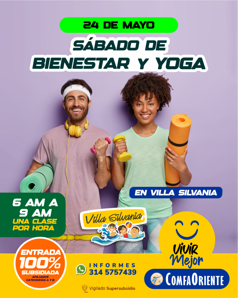 Dos adultos con tapetes y mancuernas sobre fondo lila; anuncio "Sábado de bienestar y yoga" 24 de mayo en Villa Silvania.
