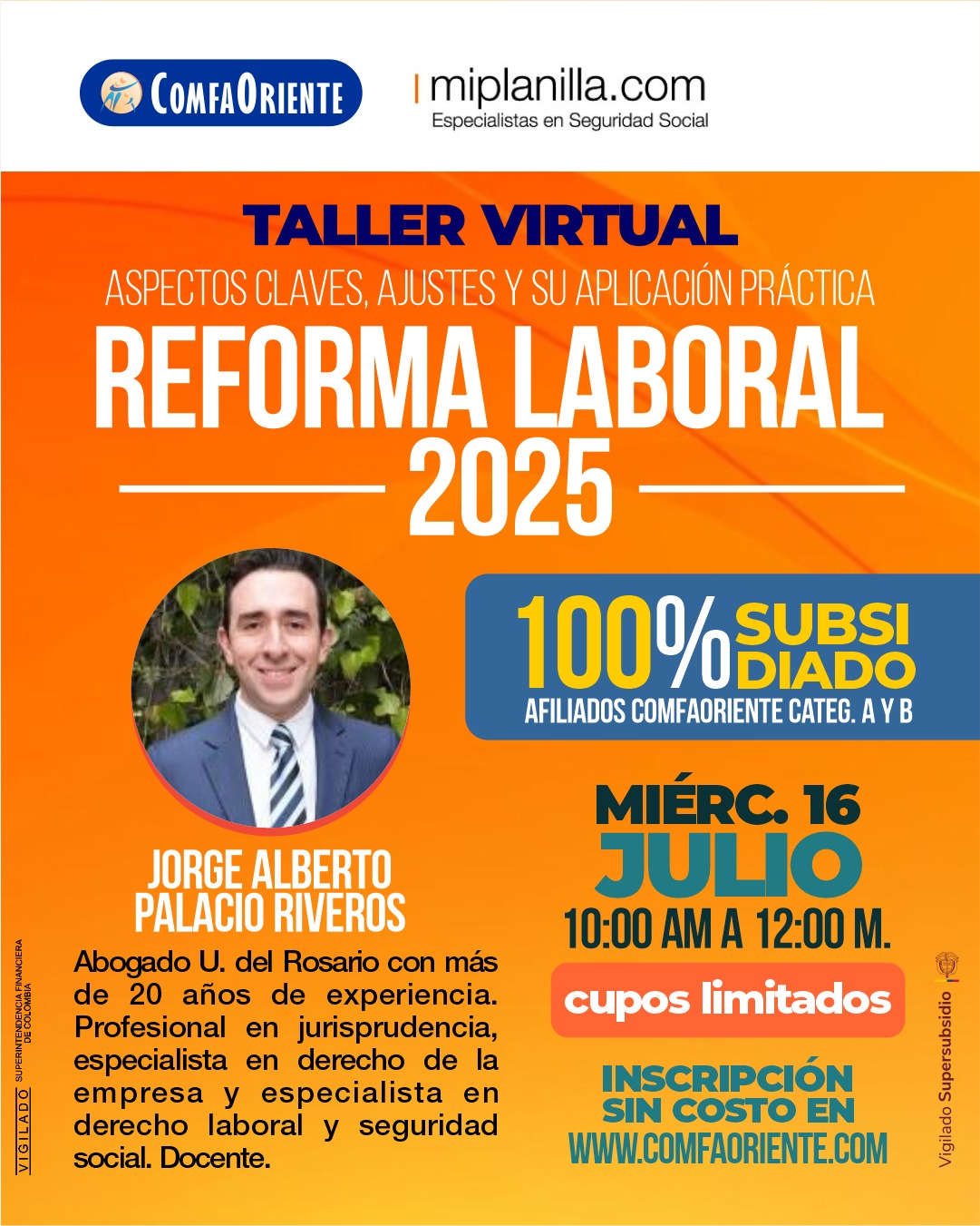 Cartel de taller virtual Reforma Laboral 2025 con foto del ponente; 16 de julio 10:00–12:00, inscripción gratis.