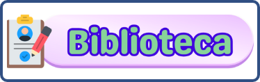 Botón morado con texto Biblioteca en letras verdes y moradas y un icono de portapapeles con avatar y lápiz a la izquierda