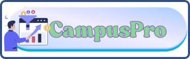 CampusPro en letras moradas sobre fondo azul, con figura a la izquierda y gráficas ascendentes e íconos de usuario y moneda.