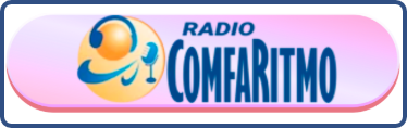 Logotipo de Radio Comfaritmo con texto azul y un ícono circular amarillo-naranja con micrófono sobre fondo rosado degradado.