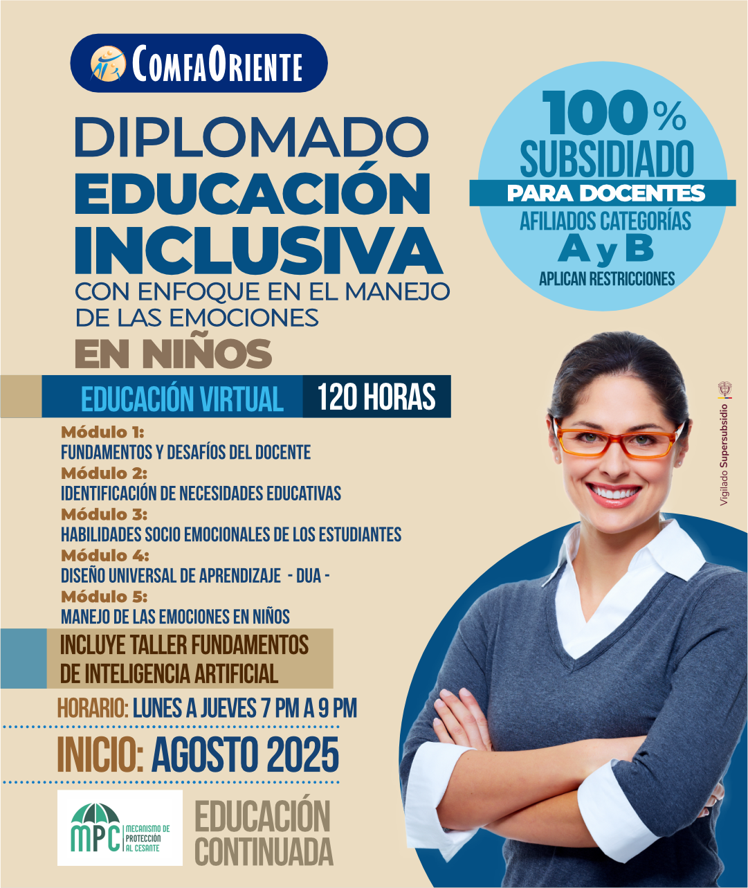 Diplomado Educación Inclusiva ComfaOriente virtual 120 h 100% subsidiado para docentes inicio agosto docente sonriente