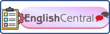 Logotipo EnglishCentral sobre fondo degradado rosa-púrpura con icono de portapapeles con lista y dos burbujas de diálogo
