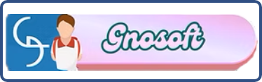 Logotipo con icono azul y figura con delantal a la izquierda y texto cursivo Gnoseft sobre placa rosa