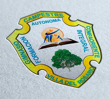 Escudo colorido con libro abierto y figuras estilizadas, árbol abajo y textos "Campestre", "Autónoma" y "Villa del Rosario".