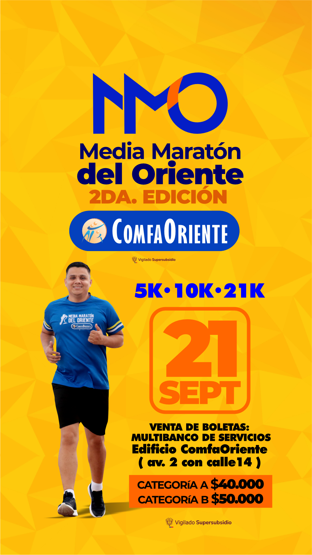 Cartel amarillo: Media Maratón del Oriente 2ª edición, corredor con camiseta azul, 5K/10K/21K, 21 Sept.