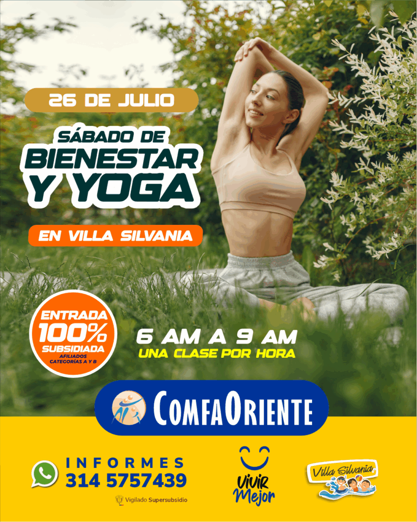 Mujer joven estirándose sentada en césped, con texto promocional: Sábado de Bienestar y Yoga — 26 de julio, 6 a 9 AM.