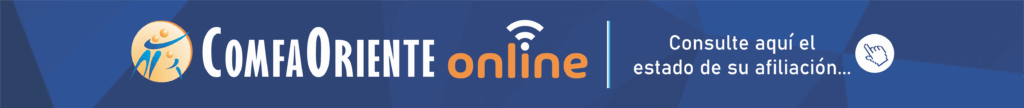 Logotipo azul y naranja de ComfaOriente online con icono de figuras humanas y el texto "Consulte aquí el estado de su afiliación".