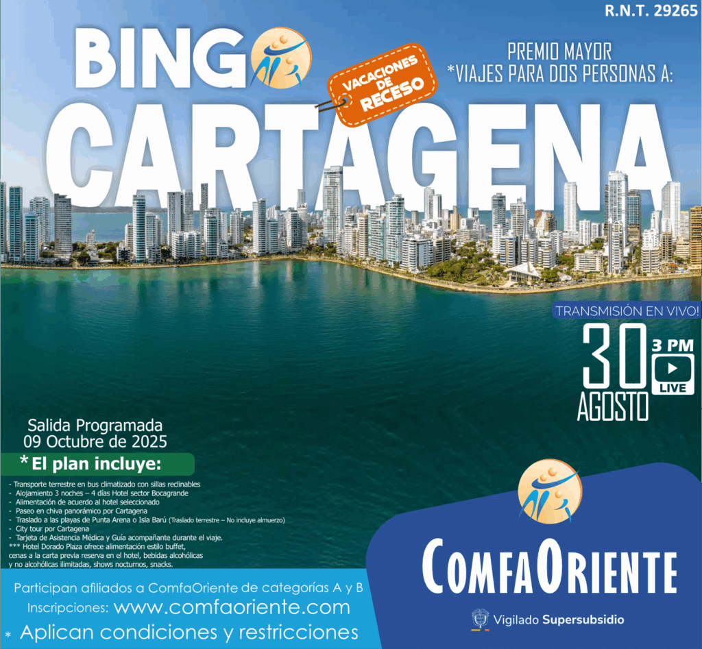 Cartel promocional de bingo en Cartagena con skyline, premio viaje para dos, fecha 30 de agosto y logo de ComfaOriente.