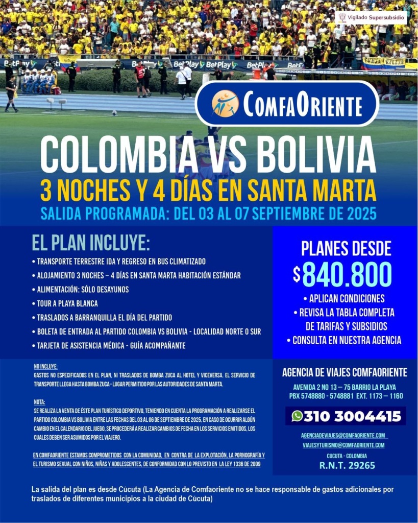Afiche de viaje ComfaOriente: Colombia vs Bolivia, 3 noches y 4 días en Santa Marta (03-07 sept 2025), planes desde $840.800.