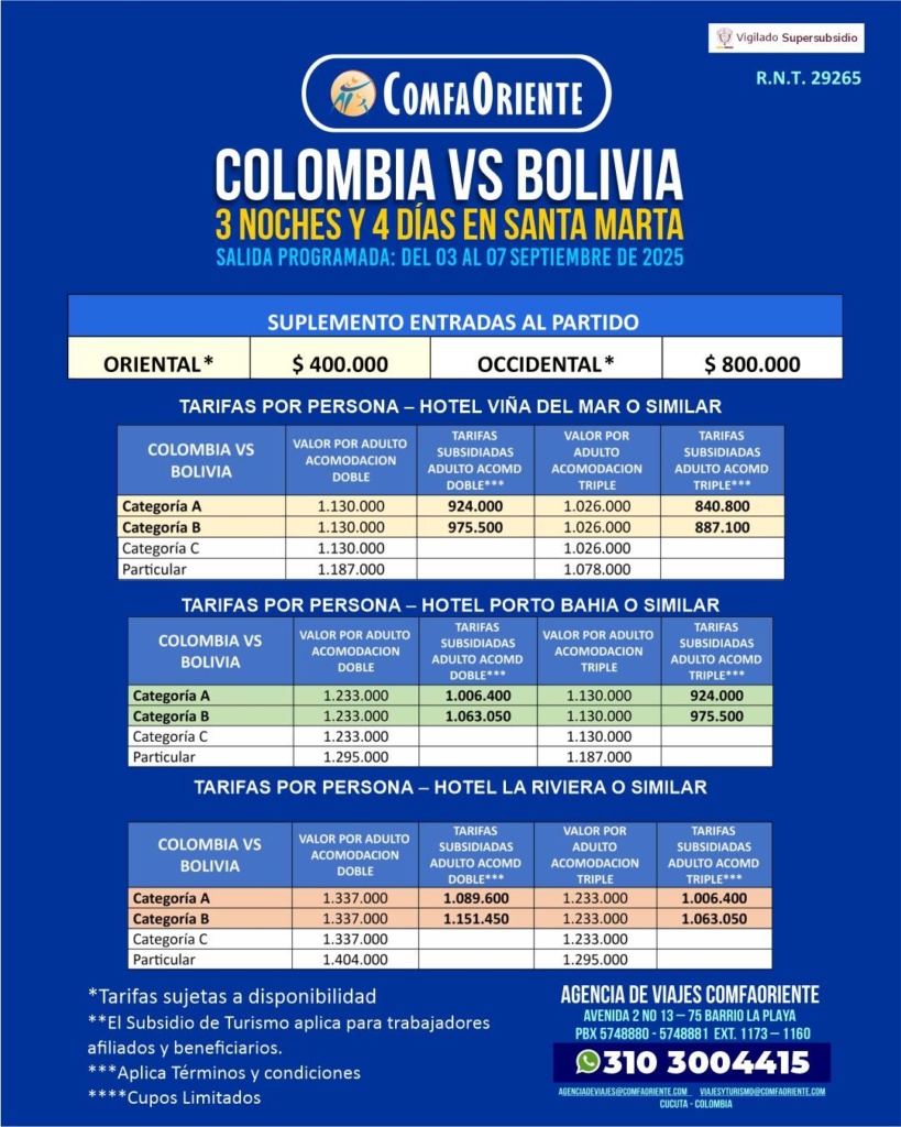 ComfaOriente: paquete 3 noches/4 días en Santa Marta para Colombia vs Bolivia, salida 3-7 sept 2025, precios y contacto.