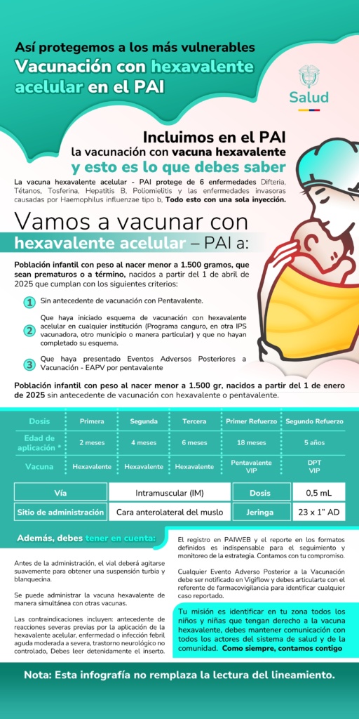 Infografía sobre vacunación hexavalente acelular del PAI, incluye esquema de dosis y dibujo de un adulto abrazando a un bebé.