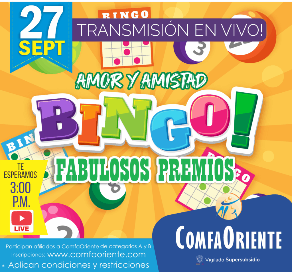 Afiche colorido de bingo Amor y Amistad con fecha 27 sept, transmisión en vivo a las 3:00 P.M., fabulosos premios y logo ComfaOriente.