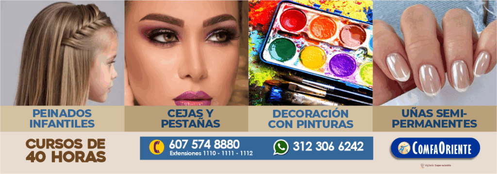 Cursos de 40 horas: peinados infantiles, cejas y pestañas, pintura y uñas semipermanentes; incluye teléfonos y logo.