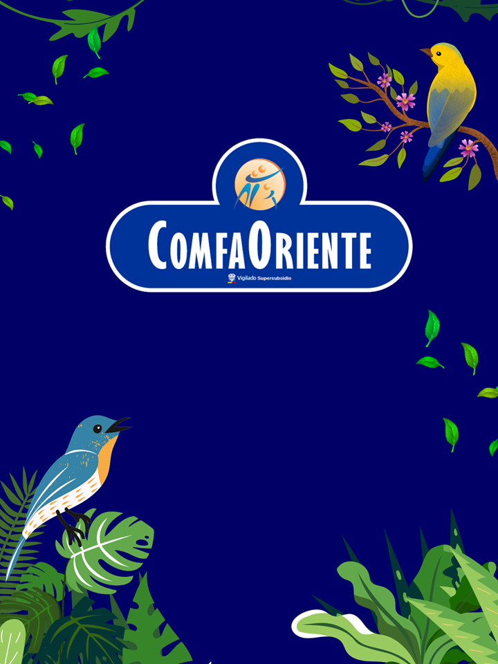 Logotipo de ComfaOriente en fondo azul marino, con dos aves coloridas y hojas tropicales en las esquinas.