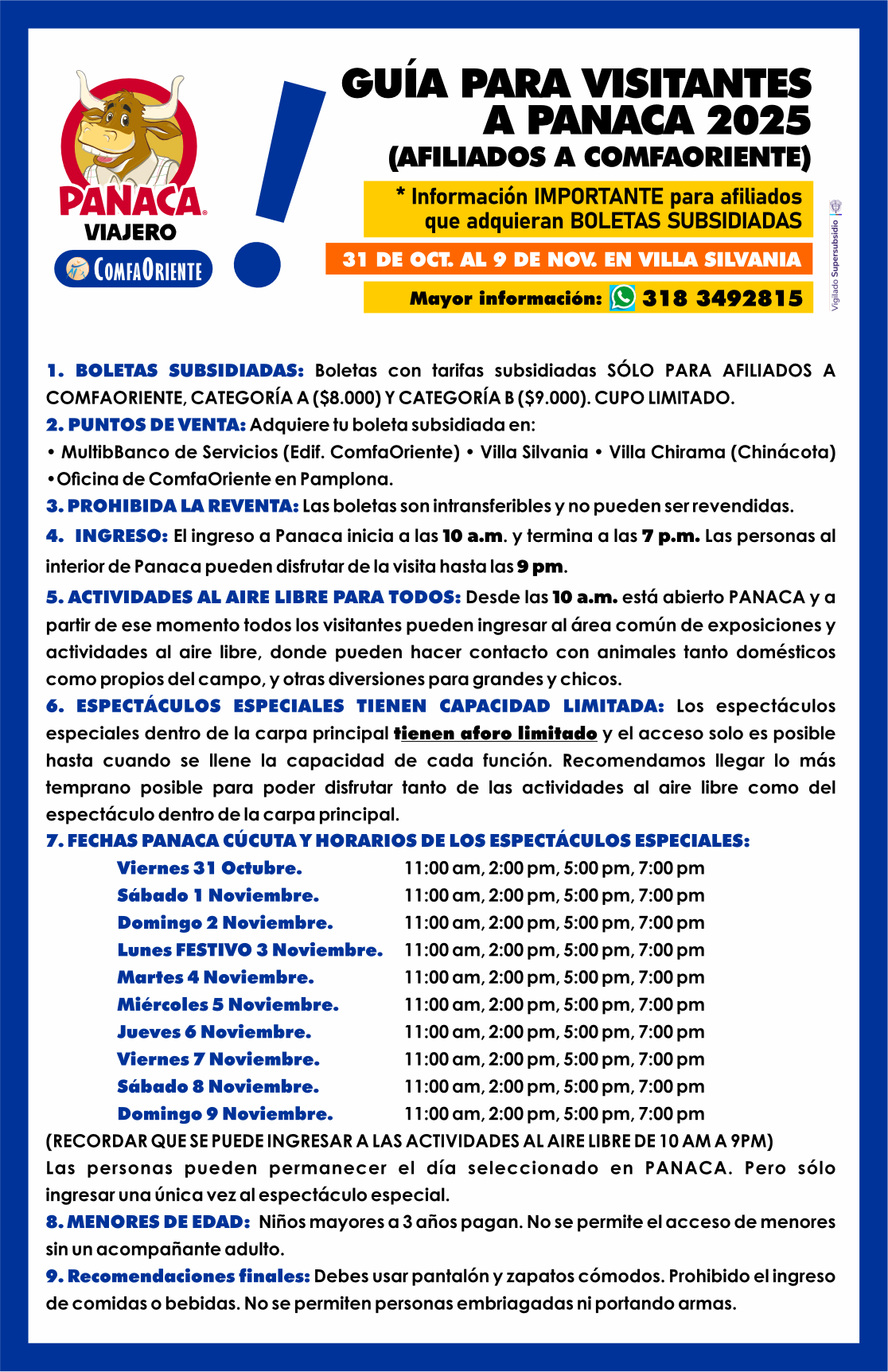 Cartel guía para visitantes Panaca 2025 con logo, fechas 31 oct–9 nov, teléfono de contacto y normas para afiliados.