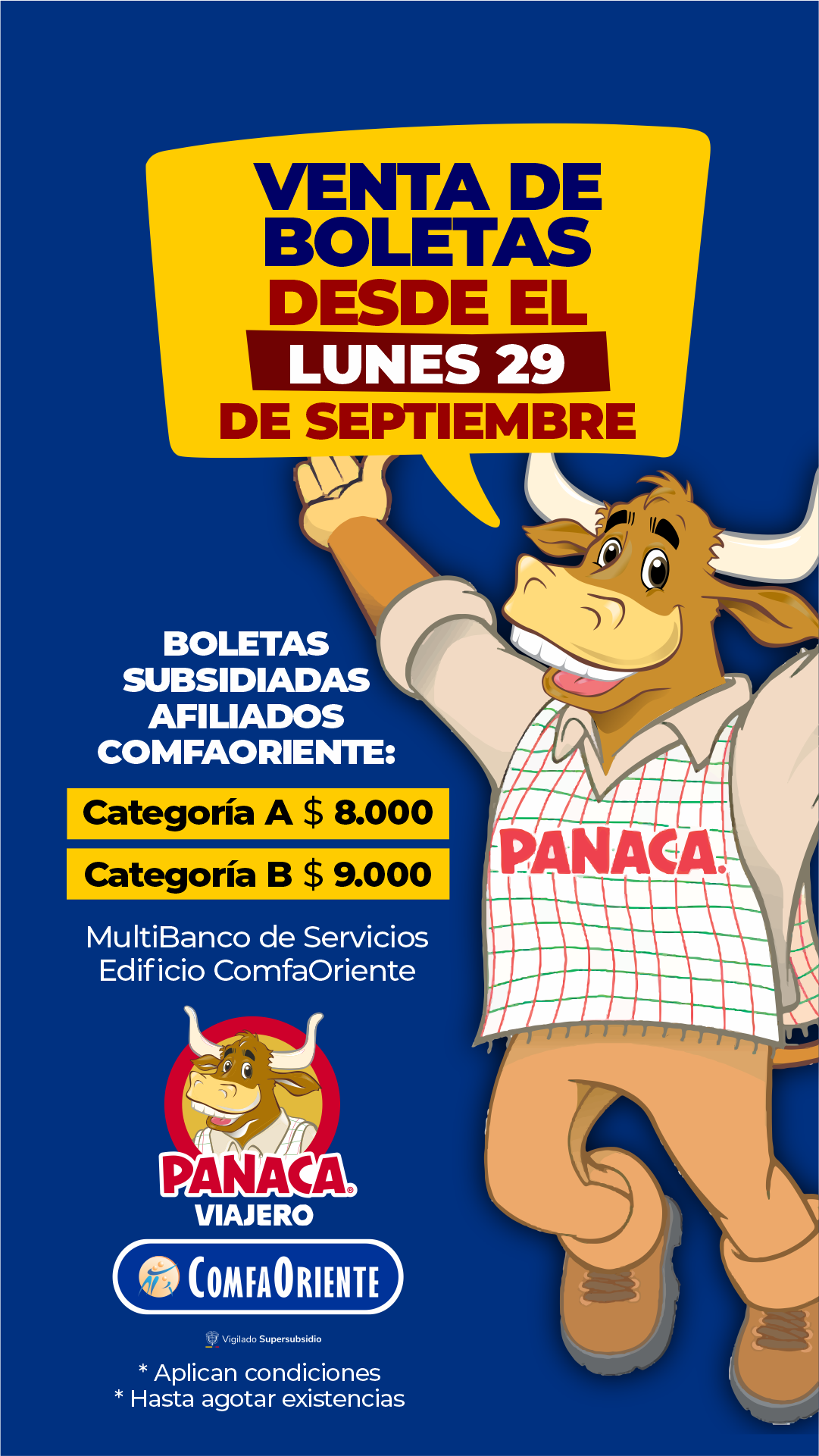 Toro mascota de PANACA junto a anuncio: venta de boletas desde lunes 29 de septiembre; boletas subsidiadas Cat. A $8.000, Cat. B $9.000