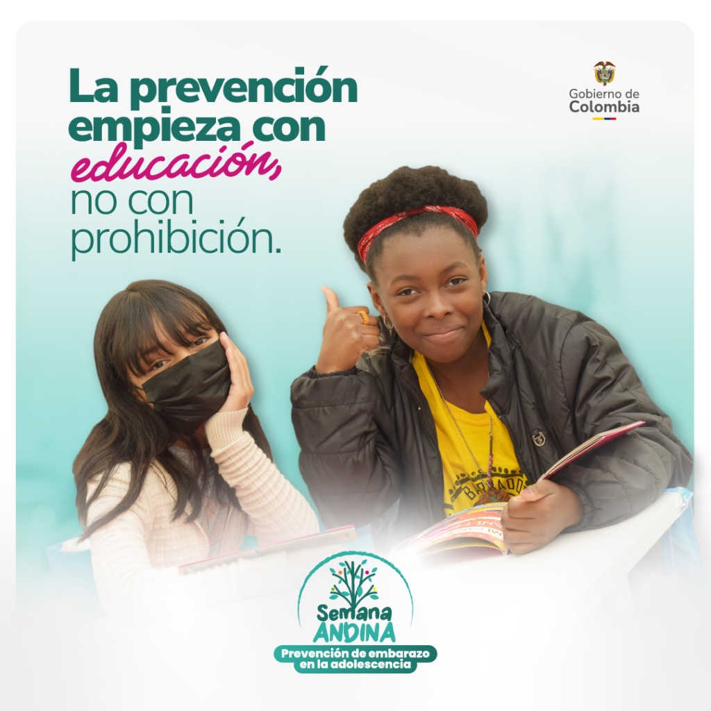 Gobierno de Colombia: dos adolescentes en aula, una con tapabocas y otra con pulgar arriba; mensaje: prevención por educación.