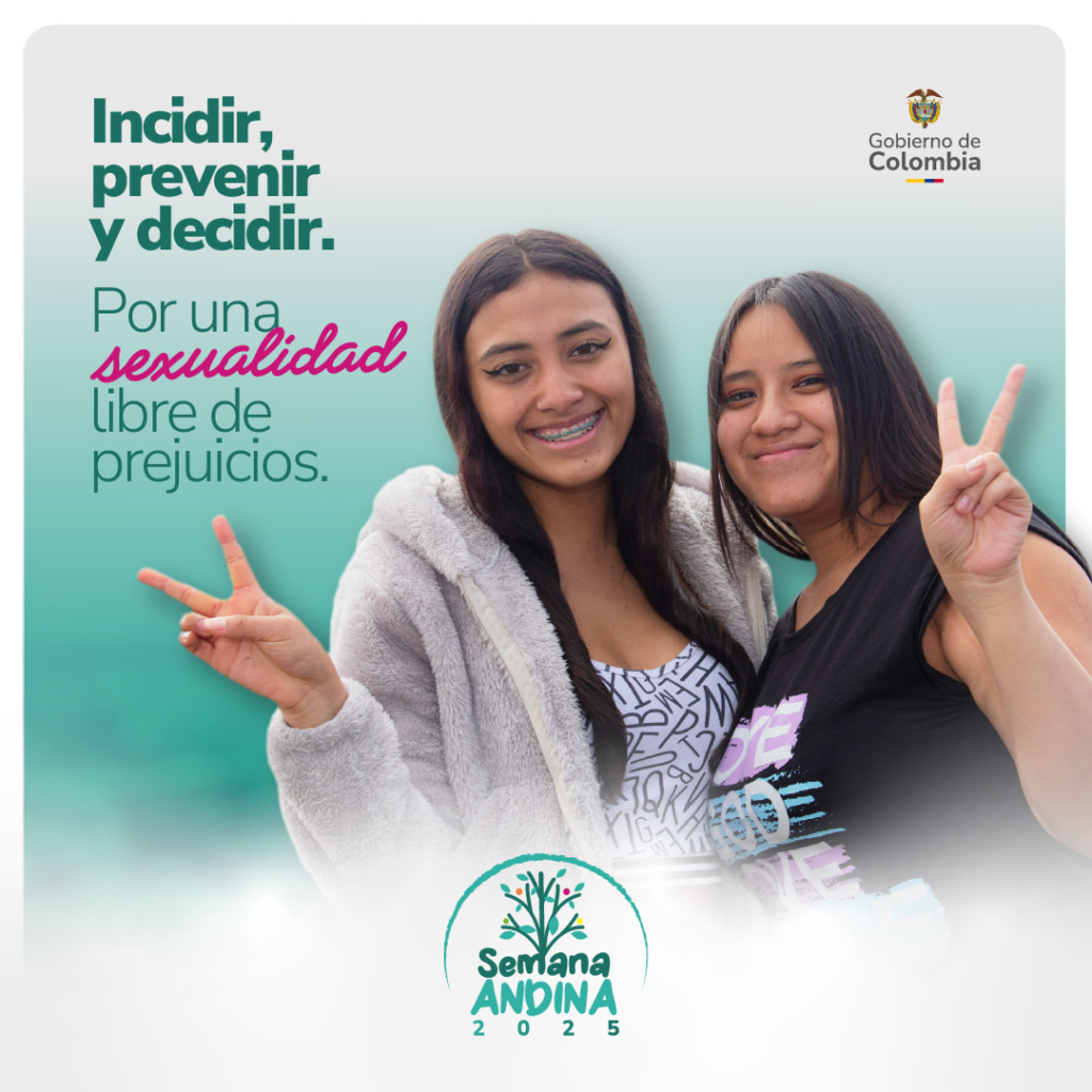 Dos jóvenes sonrientes hacen el signo de paz junto al lema Por una sexualidad libre de prejuicios y el logo de Colombia.