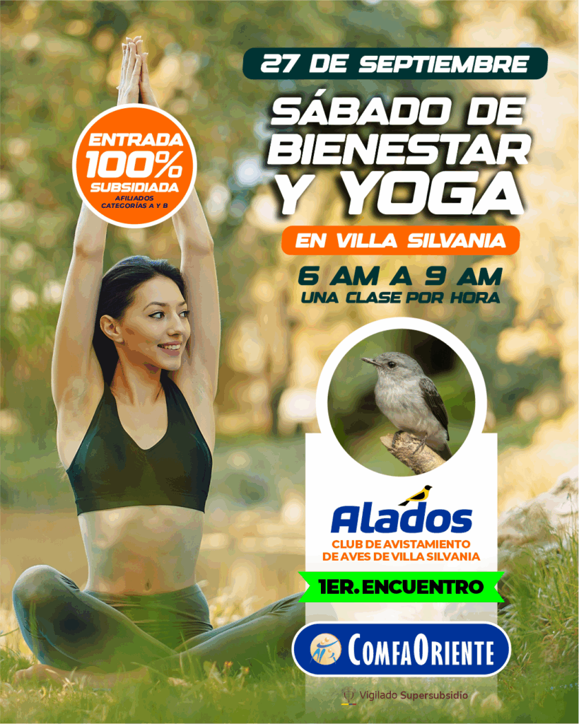 Mujer haciendo yoga al aire libre junto a cartel: Bienestar y Yoga, 27 sep, Villa Silvania 6-9 AM; Alados y ComfaOriente.