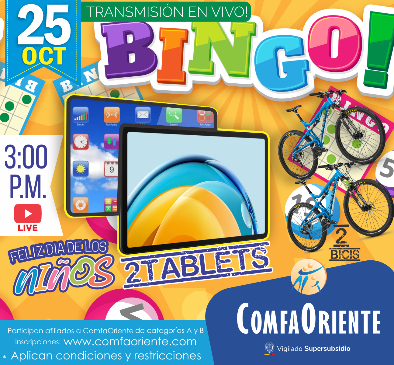 Afiche de bingo colorido: 25 de oct, transmisión en vivo 3:00 P.M., premios 2 tablets y 2 bicicletas y logo de ComfaOriente