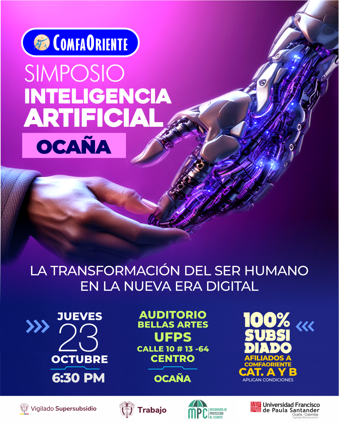 Cartel morado del simposio Inteligencia Artificial en Ocaña con una mano robótica tocando una mano humana; 23 de octubre, Auditorio Bellas Artes.