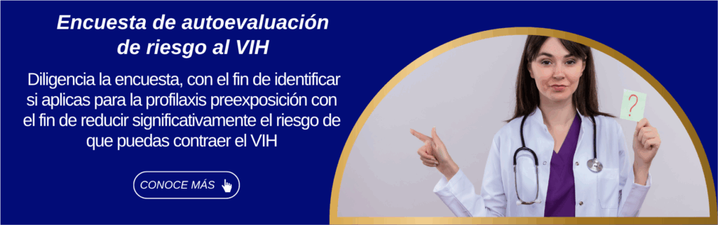 Doctora con estetoscopio sosteniendo nota con signo de interrogación, junto a texto sobre encuesta de riesgo de VIH