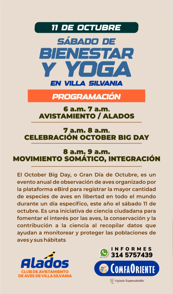 Sáb. Bienestar y Yoga, Villa Silvania 11 oct; actividades: avistamiento, October Big Day y movimiento somático.