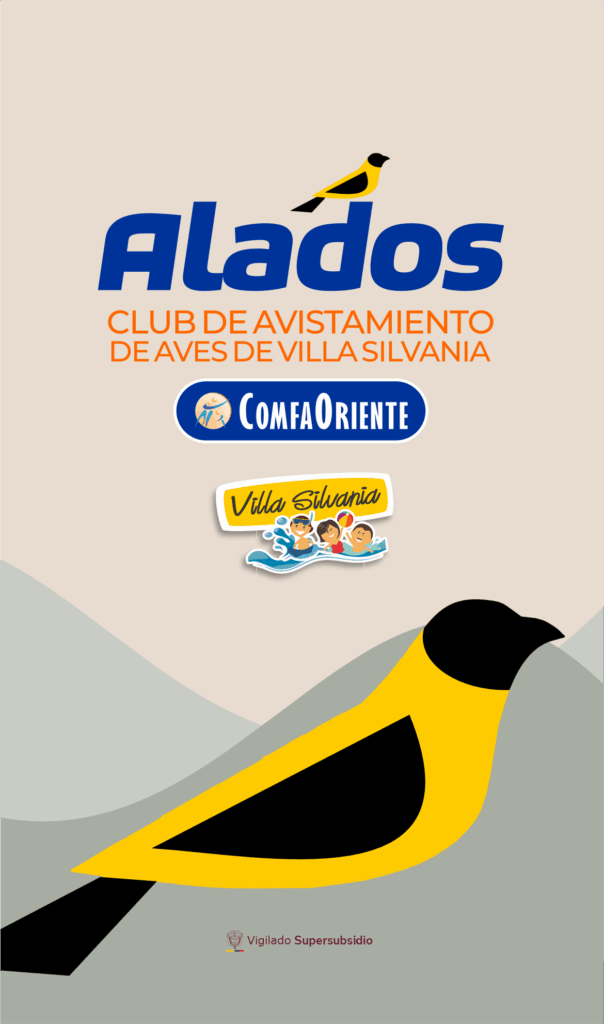 Logotipo 'Alados' con texto naranja y patrocinadores ComfaOriente y Villa Silvania, sobre un ave amarilla y negra estilizada.