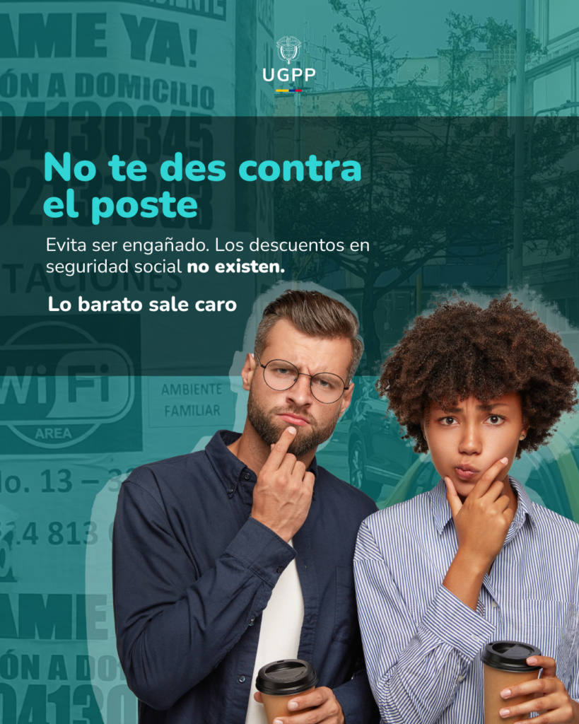 Dos personas pensativas con café ante un aviso de la UGPP que advierte sobre descuentos falsos en la seguridad social.