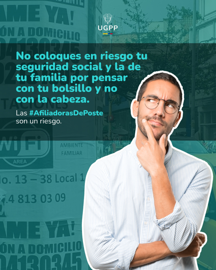Hombre pensativo con gafas y camisa blanca junto a un aviso sobre el riesgo de las #AfiliadorasDePoste