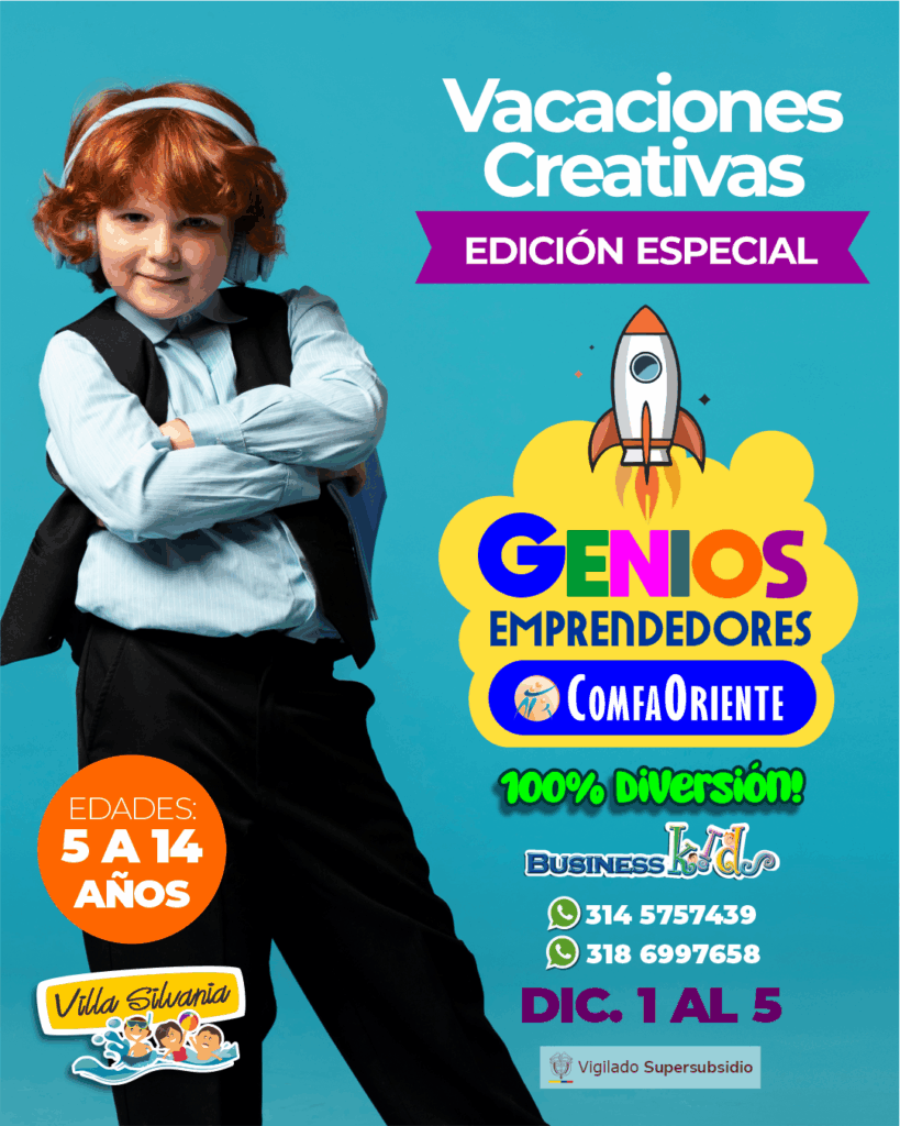 Niño pelirrojo con audífonos y chaleco junto a póster colorido que promociona 'Vacaciones Creativas: Genios Emprendedores' para 5‑14 años.