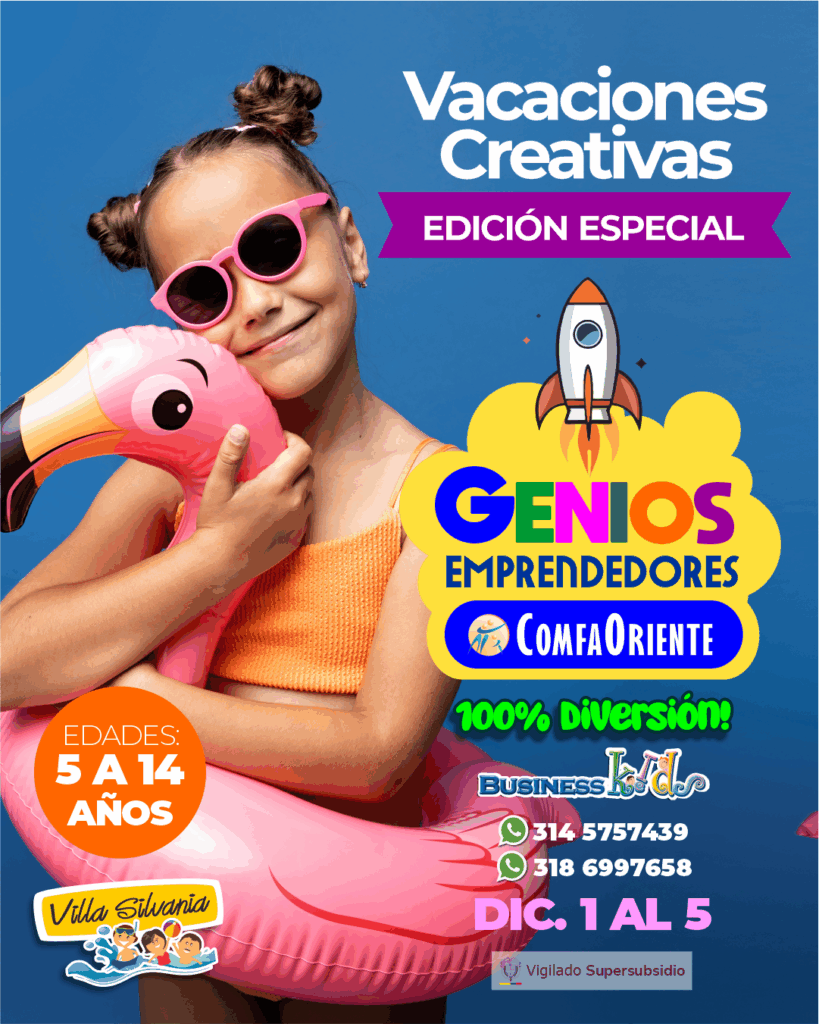 Niña con gafas rosas y moños abrazando un flotador inflable de flamenco sobre fondo azul en afiche Vacaciones Creativas.
