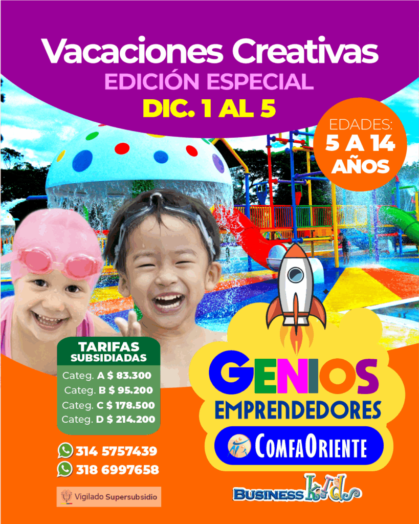 Afiche anunciando Vacaciones Creativas (1-5 dic) para niños 5–14, con fotos en parque acuático, logo Genios Emprendedores y tarifas/contactos.