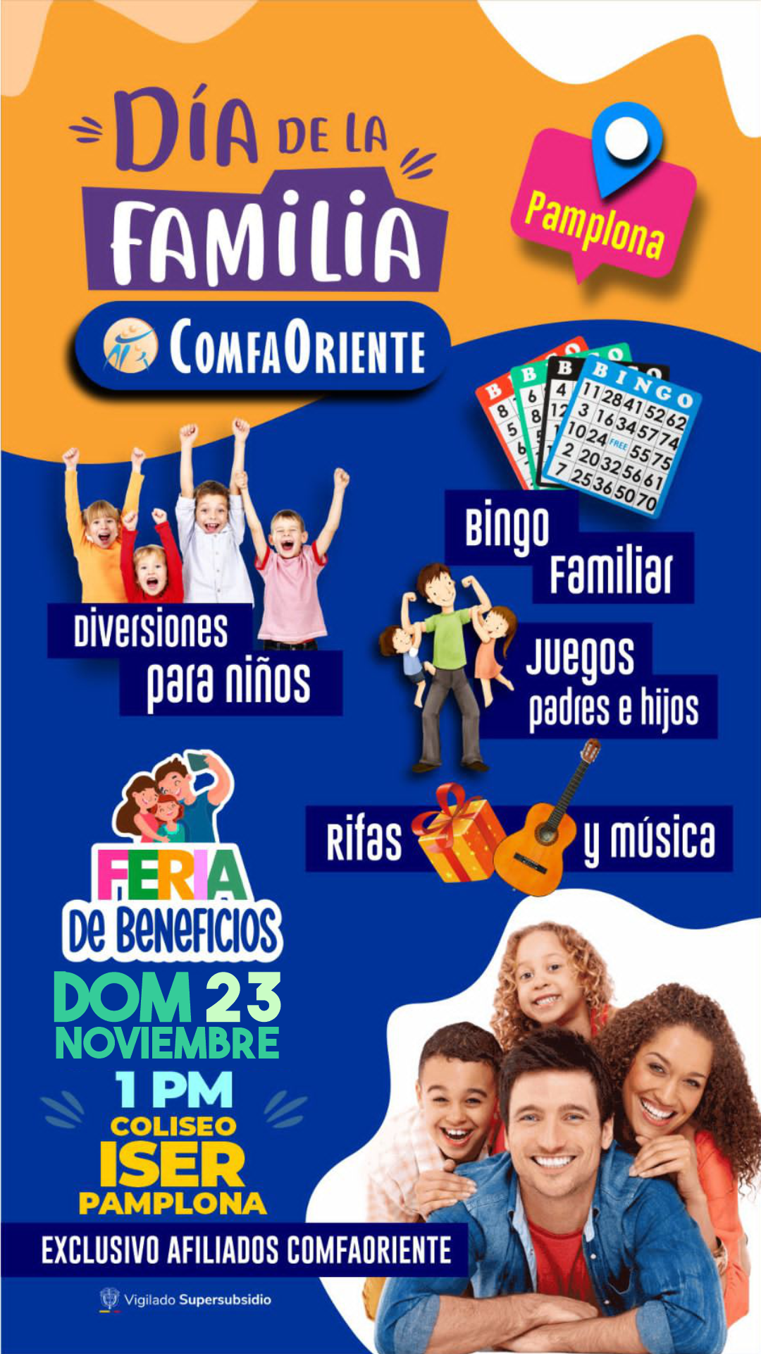 Cartel del Día de la Familia ComfaOriente en Pamplona con familia sonriente y actividades: bingo, juegos y rifas