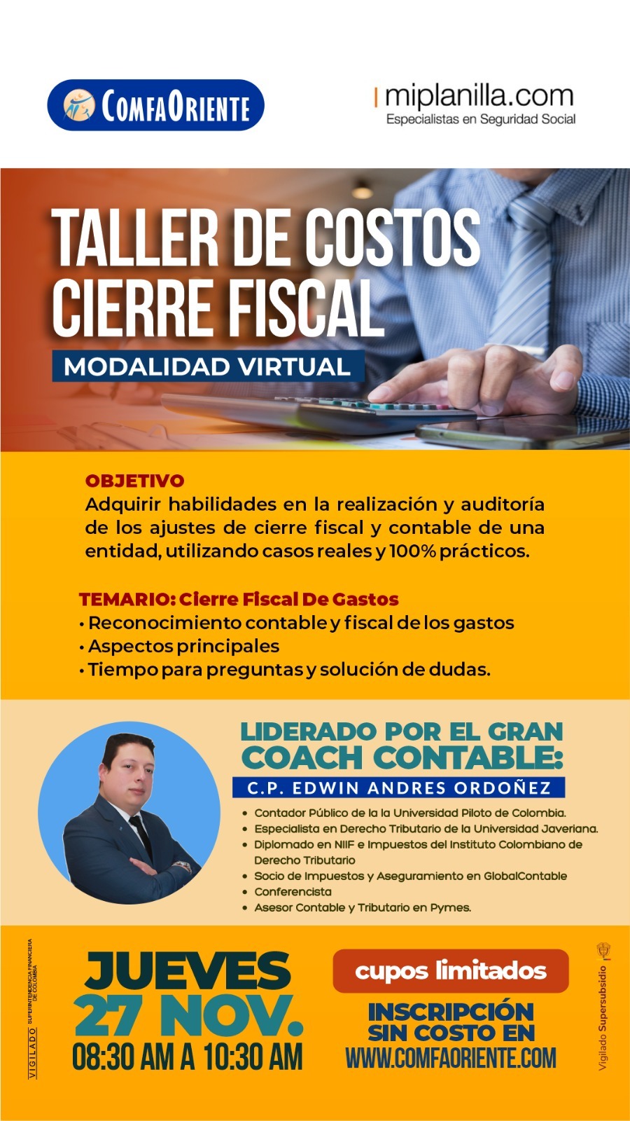 Taller virtual de costos y cierre fiscal dirigido por un coach contable; jueves 27 nov 08:30-10:30.
